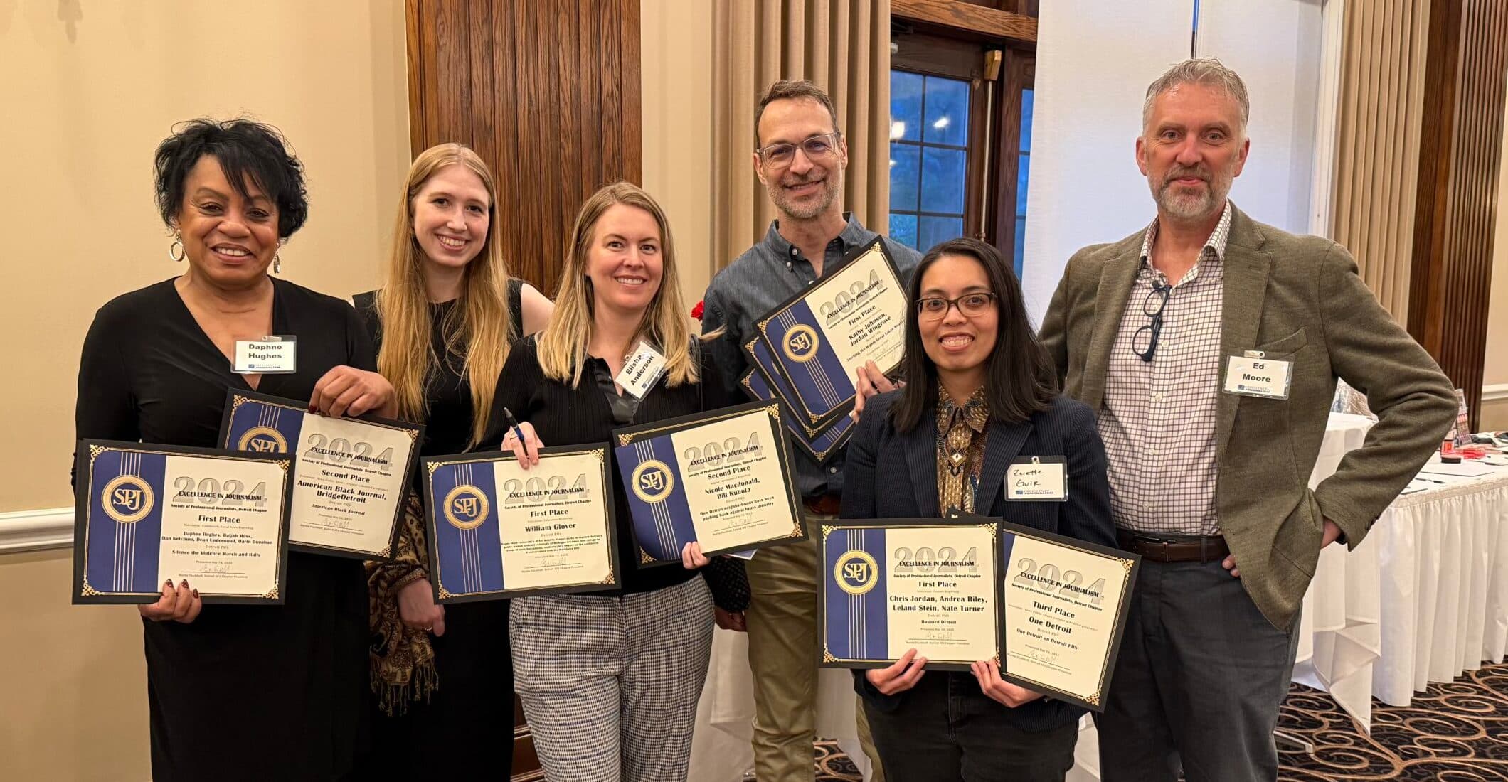 Detroit PBS journalists from One Detroit, American Black Journal and Great Lakes Now pose with their 2025 SPJ-Detroit award certificates.